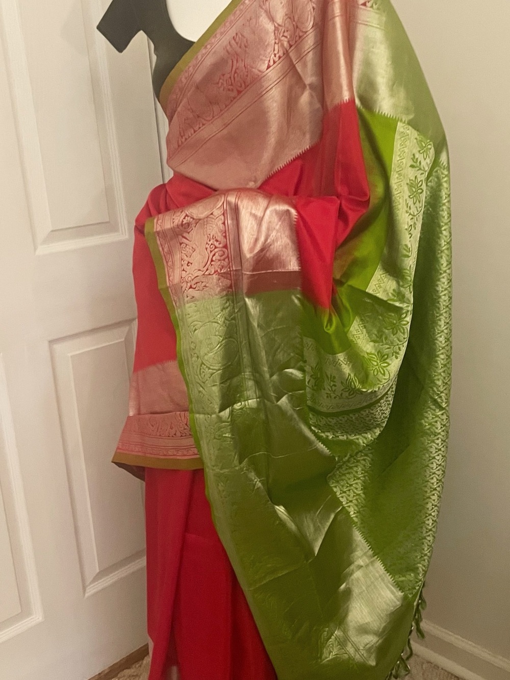 Red and Lime Green Traditional Saree with Gold Zari Border